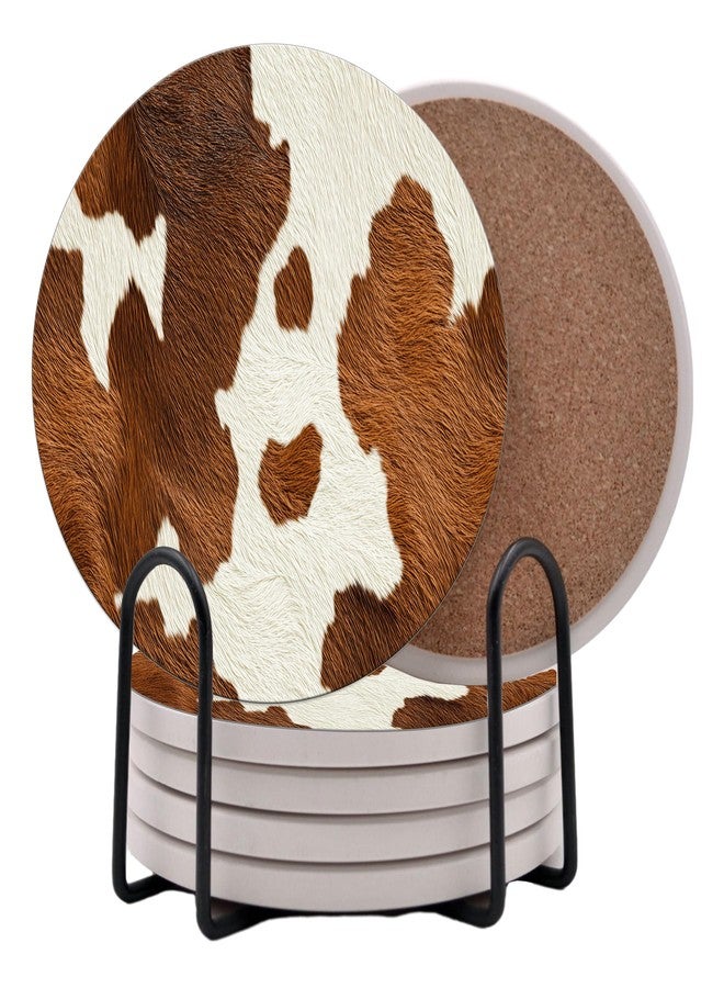 DAJDC Cow Print Brown White Country Farm Round Coasters Set of 6 - Abosrbent Ceramic with Metal Stand for Drinks, Coffee, Non-Slip Cork Back (Brown) - Image 1